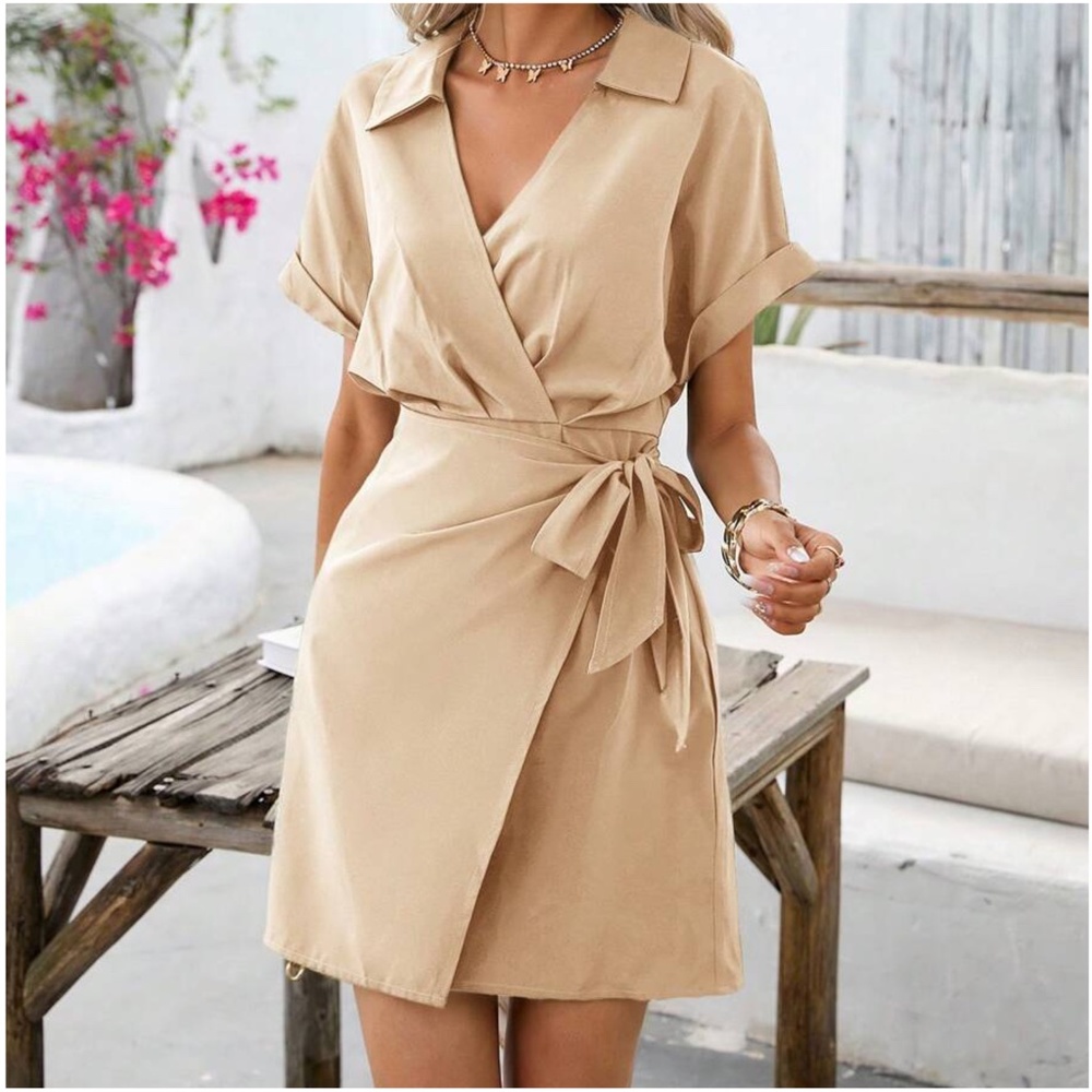 C Solid Surplice Batwing Sleeve Side Tie Dress - Picture 4 of 8
